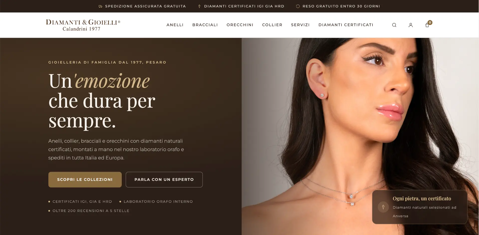 Ecommerce per gioielleria: homepage con collezioni di anelli, collier e diamanti certificati